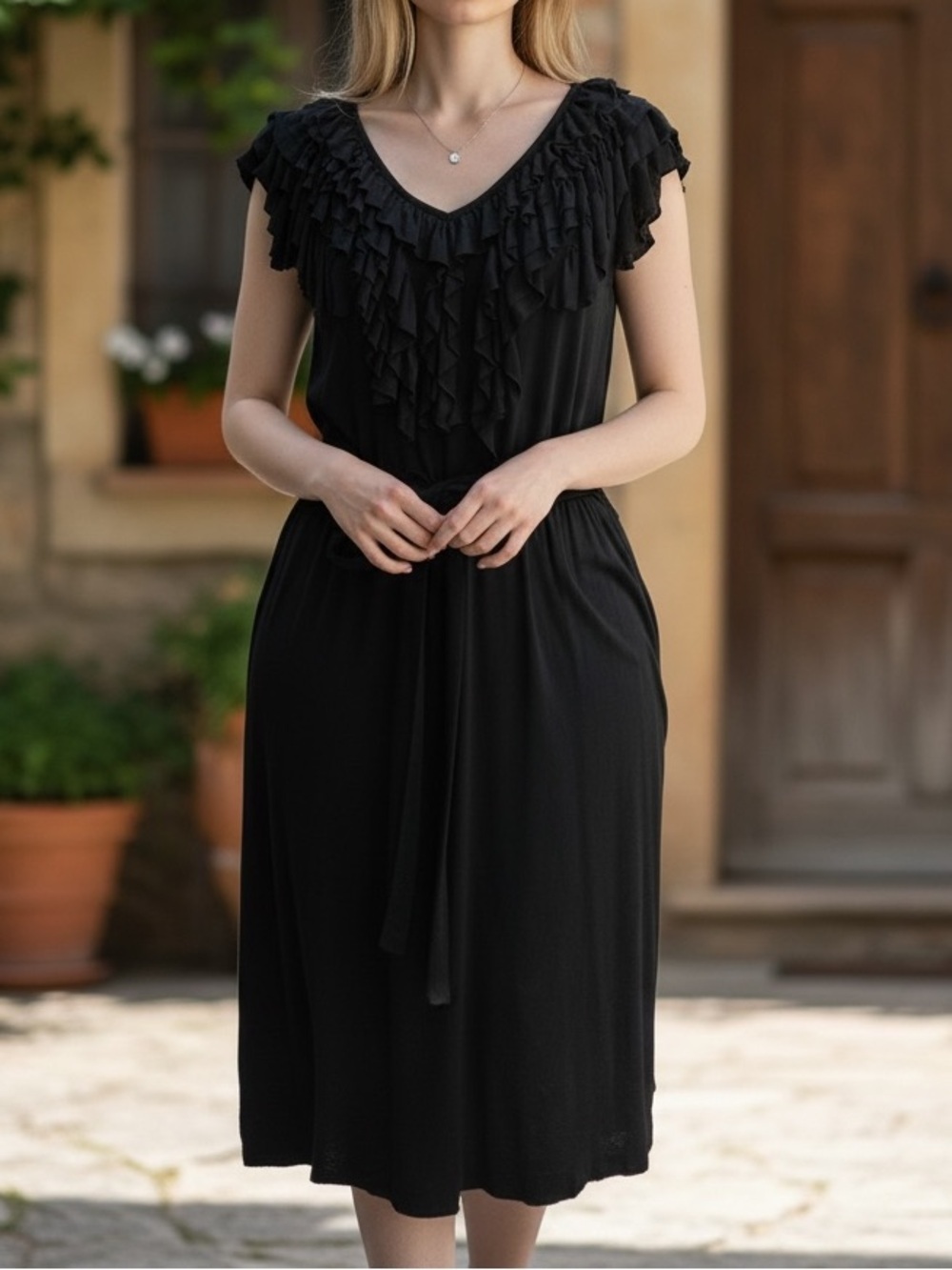 Elle Black Ruffle Sleeve and V-Neck with Tie Waist Dress